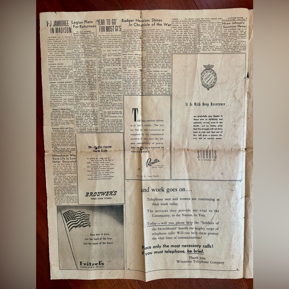VJ Day Japan’s Surrender Newspaper August 15, 1945 Ephemera Milwaukee Sentinel - Picture 3 of 5